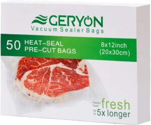 geryon vacuum sealer bags, 50 pcs quart size 8" x 12" commercial grade precut bag, food vac bags for storage, meal prep or sous vide, suitable for all type vacuum sealer machine
