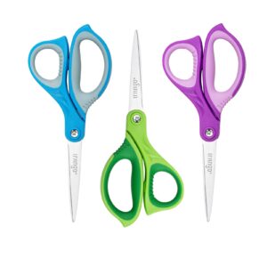 livingo scissors for school - sharp pointed tip all purpose scissors students teachers crafts middle high school college office home, right & left handed scissors, blue, green, purple, 3 pack, 7 inch