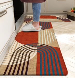 weesire boho kitchen rug anti fatigue mats for kitchen floor kitchen rugs bohemia style memory foam kitchen mat cushioned pvc leather kitchen rug set, 17.3x28+17.3x47 inchs, c2