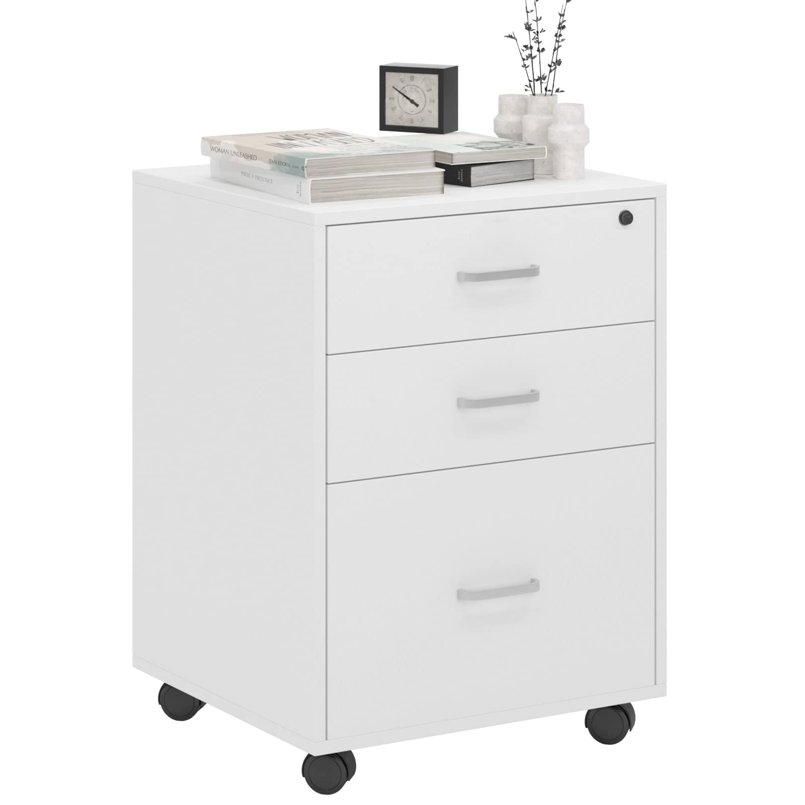 SogesHome File Cabinet with 3 Drawers, Office Storage File Cabinet on Wheels, Under Desk Filing Drawer Storage for Home (White)