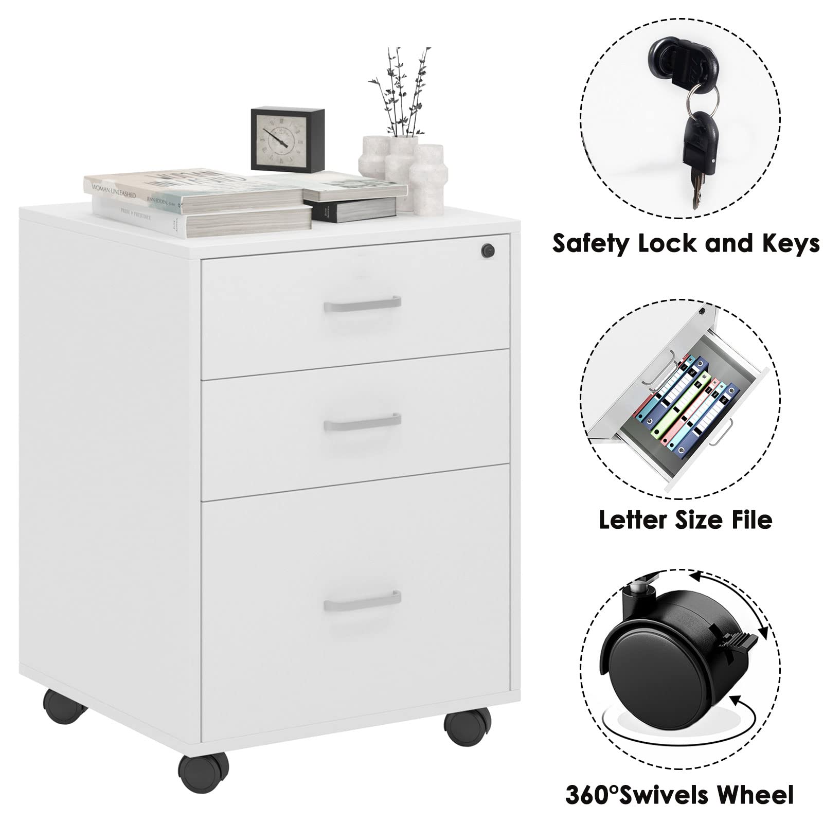 SogesHome File Cabinet with 3 Drawers, Office Storage File Cabinet on Wheels, Under Desk Filing Drawer Storage for Home (White)