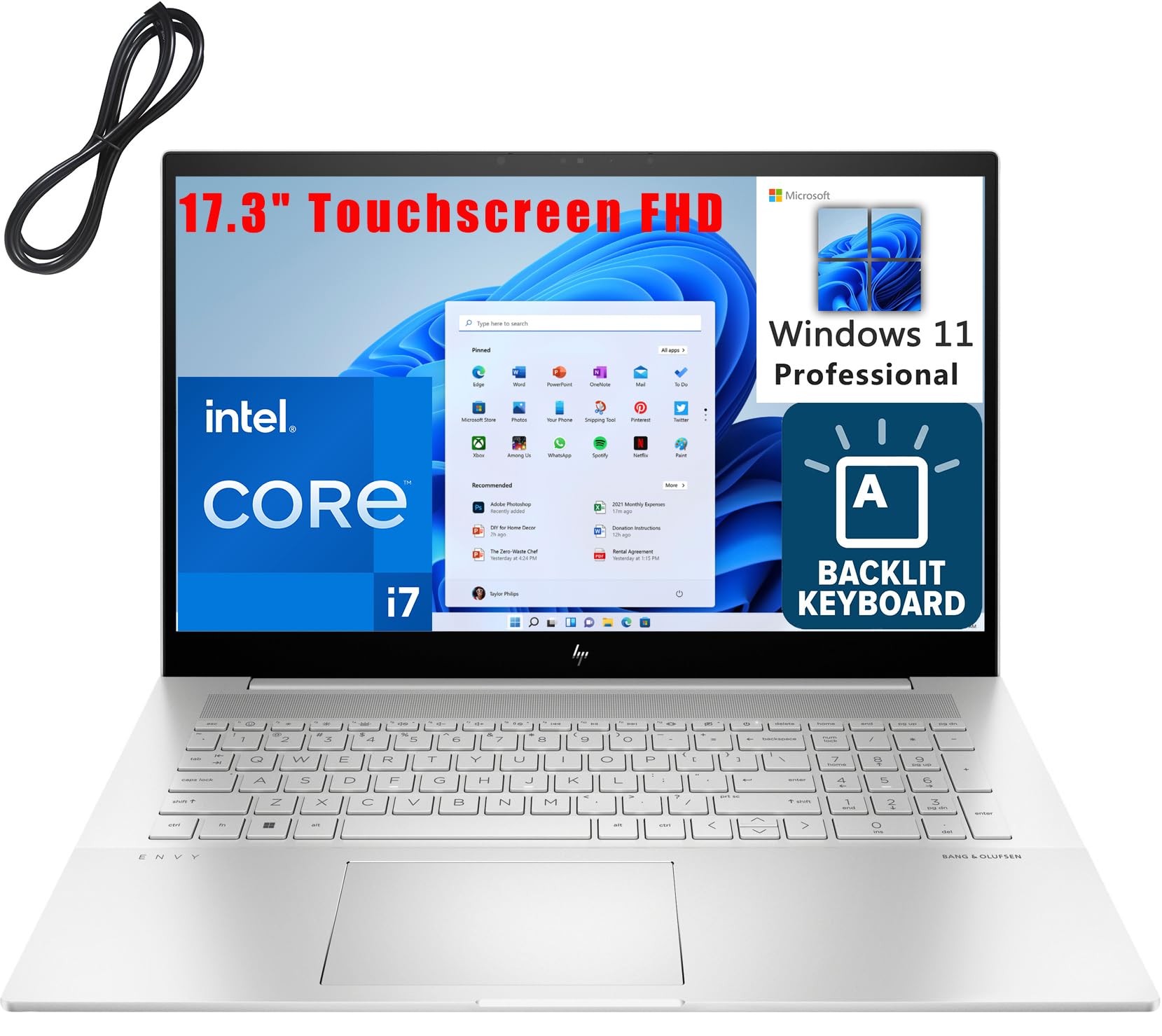 HP Envy 17 17.3" Touchscreen Laptop, 12th Gen Intel 12 Cores i7-1260P, 32GB DDR4 RAM, 1TB PCIe SSD, WiFi 6, Bluetooth 5.3, Backlit Keyboard, Windows 11 Pro, BROAG Cable