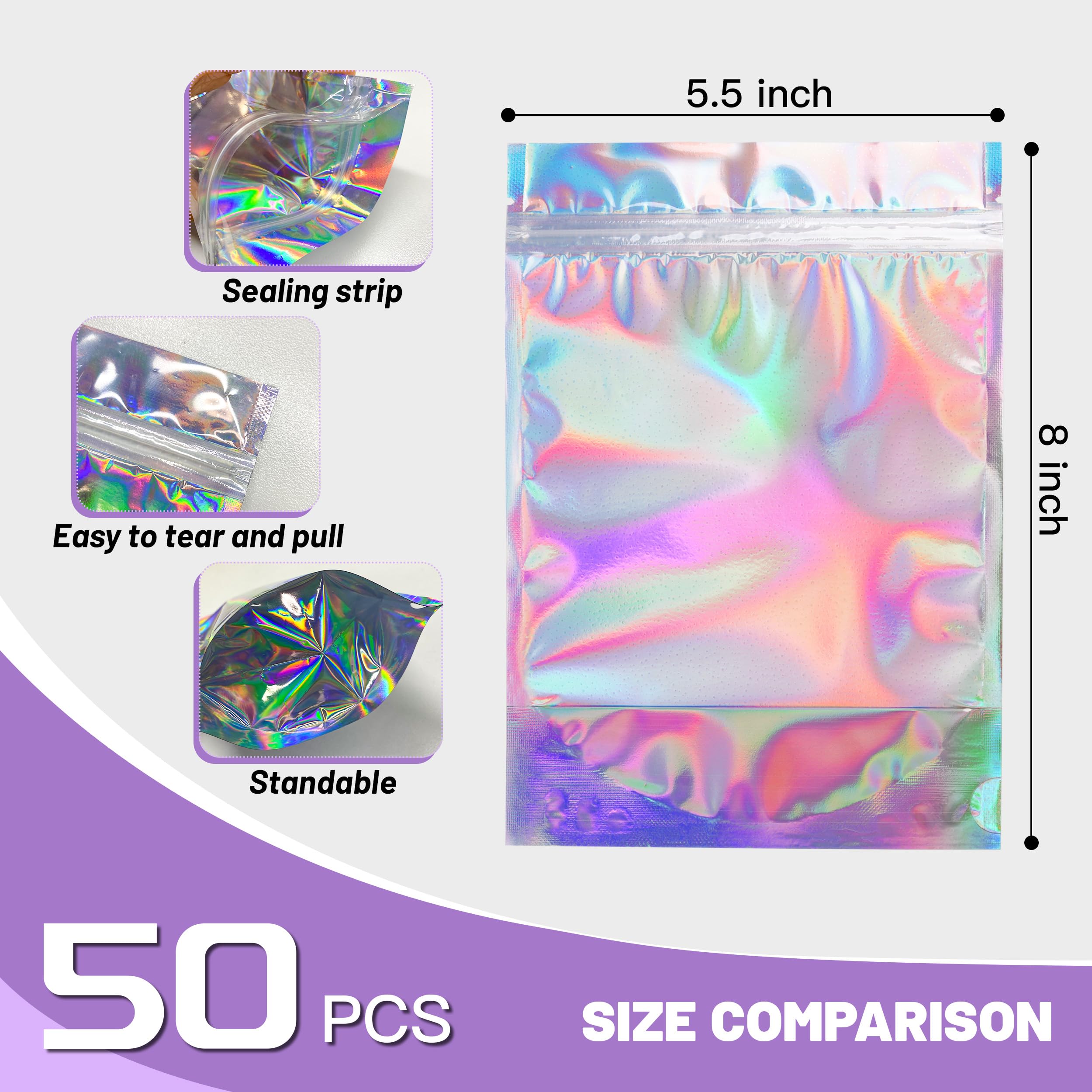 NPLUX Holographic Mylar Bags Resealable Smell Proof Bags for lip gloss,Jewelry,Pens,lash candy and More - Small Business Packaging Supplies(50PACK,5.5x8INCH)