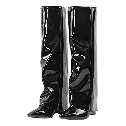 PINOKISS Black Size 11 Women's Knee High Square Toe Faux Patent Leather Pull On Wedge Heeled Boots