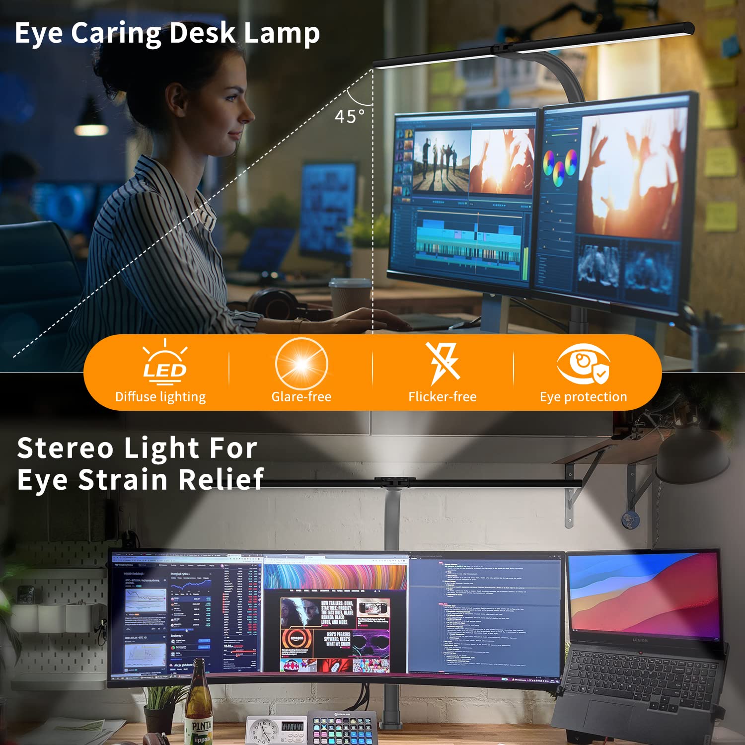 sandiea LED Desk Lamp for Home Office - 24W Bright Double Head Desk Light with Clamp Eye Caring Architect Task Light 25 Lighting Modes Adjustable Flexible Gooseneck Lamp for Workbench Drafting Study