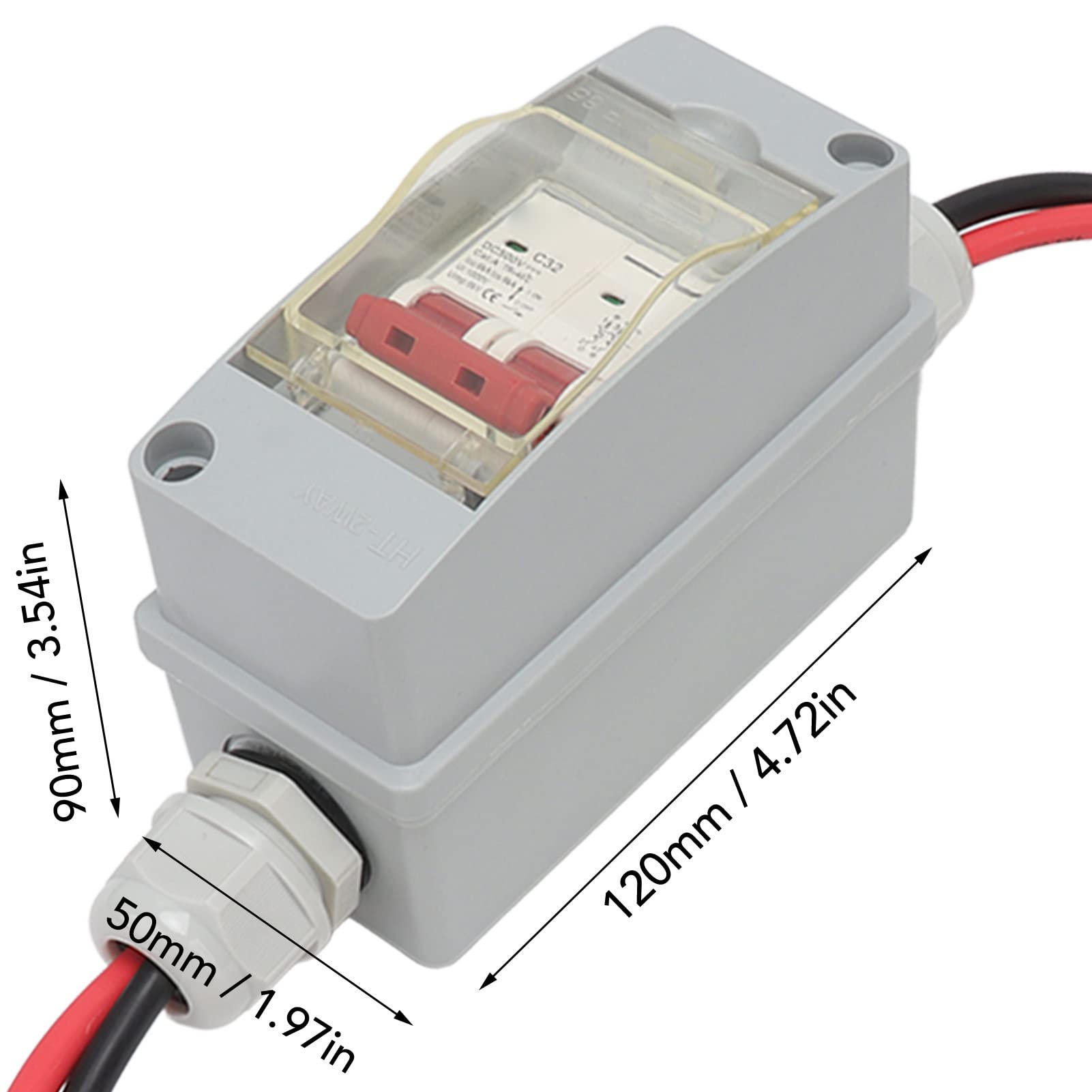 Miniature Circuit Breaker, MCB 2P DC 500V 32A DC Disconnect Switch Solar PV System Isolator with IP65 Distribution Box for Solar Panels Grid System (with Cable and PV Connector)