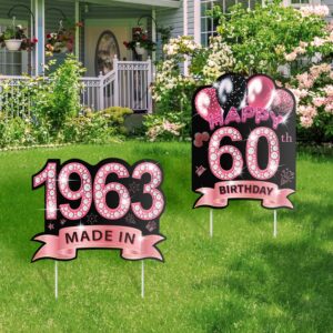 2pcs rose gold 60th birthday yard sign decorations for women, 16'' happy 60th birthday waterproof lawn signs decorations with stakes made in 1963 birthday party supplies decor outdoor