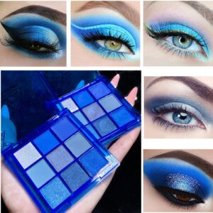 9 Colors Blue Eyeshadow Palette, Eyeshadow Palette For Blue Eyes, Blue Glitter Eye Shadow, Shiny Sparkle Shimmer Glitter Blue Eye Shadow Makeup, Navy Blue Eyeshadow Set for Women, Small Eye Makeup, Eyeshadow Brush Included