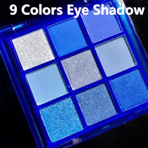 9 Colors Blue Eyeshadow Palette, Eyeshadow Palette For Blue Eyes, Blue Glitter Eye Shadow, Shiny Sparkle Shimmer Glitter Blue Eye Shadow Makeup, Navy Blue Eyeshadow Set for Women, Small Eye Makeup, Eyeshadow Brush Included