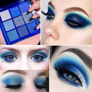 9 Colors Blue Eyeshadow Palette, Eyeshadow Palette For Blue Eyes, Blue Glitter Eye Shadow, Shiny Sparkle Shimmer Glitter Blue Eye Shadow Makeup, Navy Blue Eyeshadow Set for Women, Small Eye Makeup, Eyeshadow Brush Included