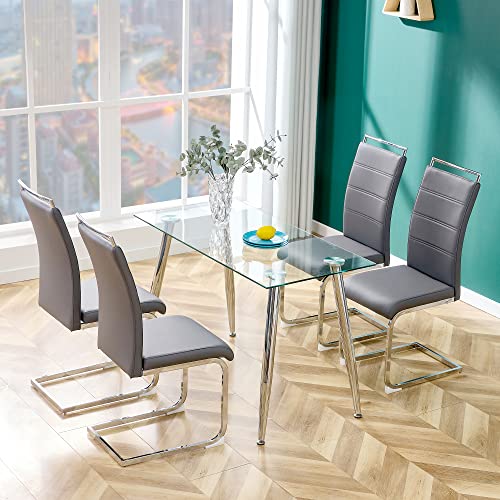 Baysitone Modern Dining Chairs Set of 4, PU Faux Leather High Back Upholstered Dining Room Side Chair with Horizontal Stripe Backrest Design for Kitchen Living Room Vanity Patio Dinner Chairs, Grey