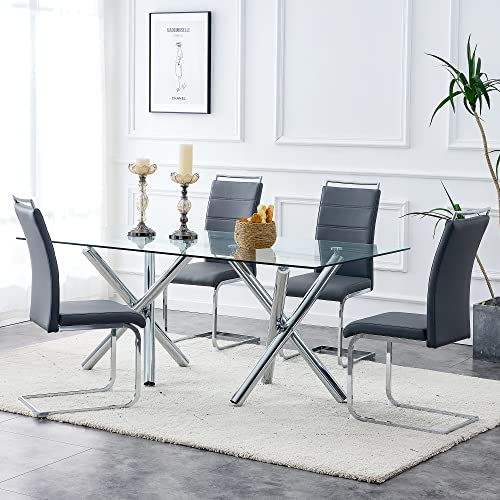 Baysitone Modern Dining Chairs Set of 4, PU Faux Leather High Back Upholstered Dining Room Side Chair with Horizontal Stripe Backrest Design for Kitchen Living Room Vanity Patio Dinner Chairs, Grey