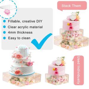 HeiMma 2 Set Clear Acrylic Cake Stands for Dessert Table 12” and 8” Fillable Cake Box Risers for Buffet Table, Square Cake Stand for Wedding Birthday Party, Hollow Bottoms…