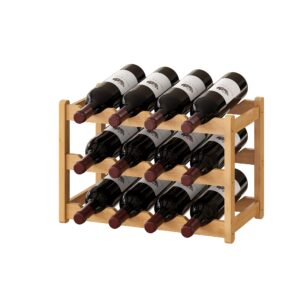 bmosu bamboo wine rack wine storage cabinet shelf 12 bottle wine racks countertop solid and practical for kitchen dining room pantry - 3 tiers wine rack(natural)