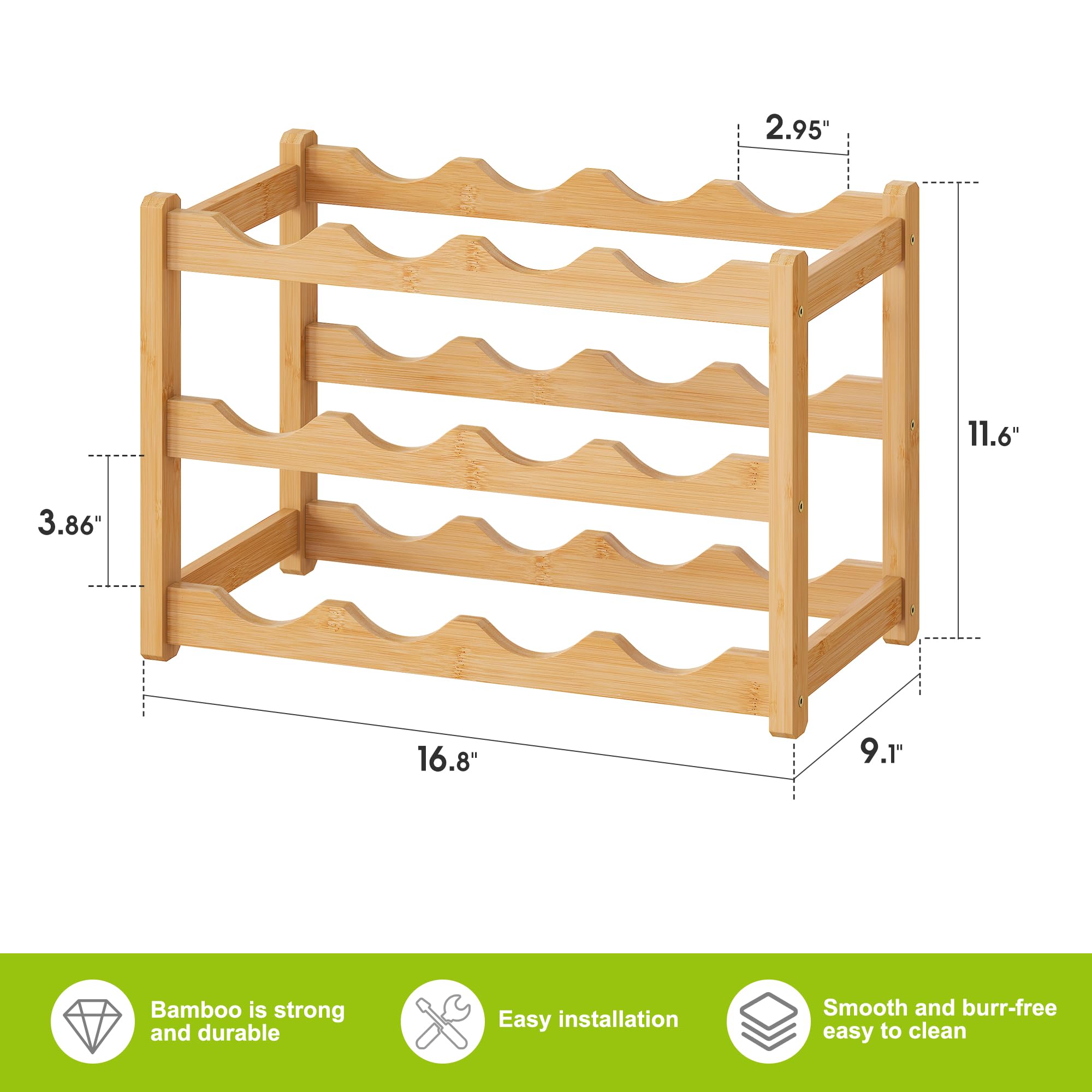 BMOSU Bamboo Wine Rack Wine Storage Cabinet Shelf 12 Bottle Wine Racks Countertop Solid and Practical for Kitchen Dining Room Pantry - 3 Tiers Wine Rack(Natural)