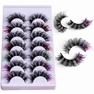 VNIHTT Colored Eyelashes Fluffy Eye Lashes with Color, Colorful Russian Strip Lashes D Curl Lash Strips Look Like Colored Lash Extensions 5D Reusable Faux Mink eyelashes False Lashes Pack 7 Pairs