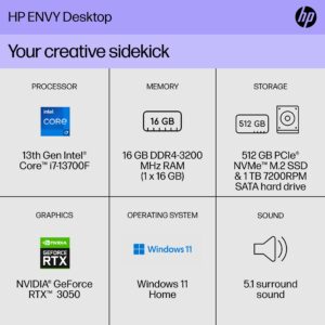 HP Envy Desktop PC, 13th Generation Intel Core i7-13700F, 16 GB RAM, 512 GB SSD, 1 TB HD, NVIDIA GeForce RTX 3050, Windows 11 Home, TE01-4050 (2023)