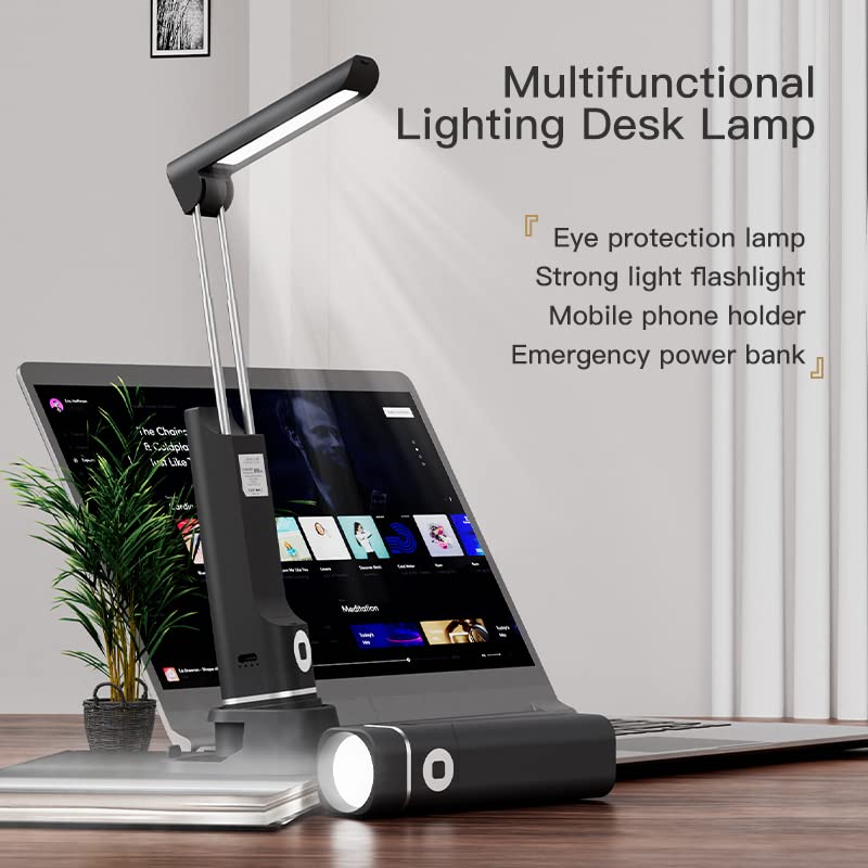 4-in-1 Portable LED Desk Lamp - Flashlight, Power Bank, and Phone Stand, 3 Brightness Levels/Rechargeable/Eye-Caring/Retractable Table Lamp and Emergency Light, Multifunctional for Home and Outdoor