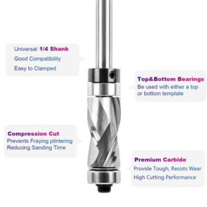 SpeTool Carbide Compressiom Flush Trim Router Bit Top & Bottom Bearing 1/2 inch Cutting Dia with 1/4 inch Shank Pattern Template Woodworking Tool