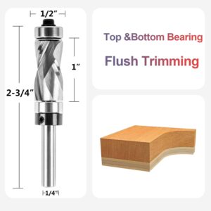 SpeTool Carbide Compressiom Flush Trim Router Bit Top & Bottom Bearing 1/2 inch Cutting Dia with 1/4 inch Shank Pattern Template Woodworking Tool