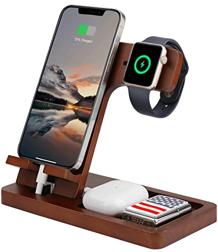 3 in 1 Charging Station, Wood Charger Stand for iPhone, iPad, Apple Watch, AirPods, Wood Phone Docking Station, Phone Charging Station Organizer, Charging Stand, Dad Gifts for Men