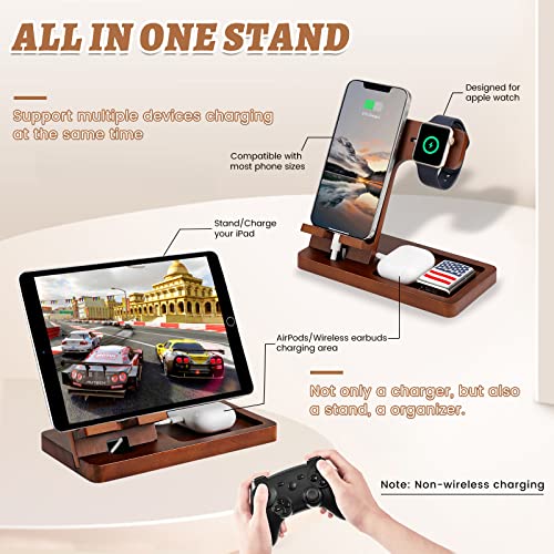 3 in 1 Charging Station, Wood Charger Stand for iPhone, iPad, Apple Watch, AirPods, Wood Phone Docking Station, Phone Charging Station Organizer, Charging Stand, Dad Gifts for Men