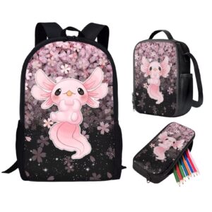 wellflyhom girls axolotl backpack elementary school bag with lunch bag pencil case 3 in 1 set cherry blossoms middle high school bookbag students child schoolbag for daycare travel daypack satchel
