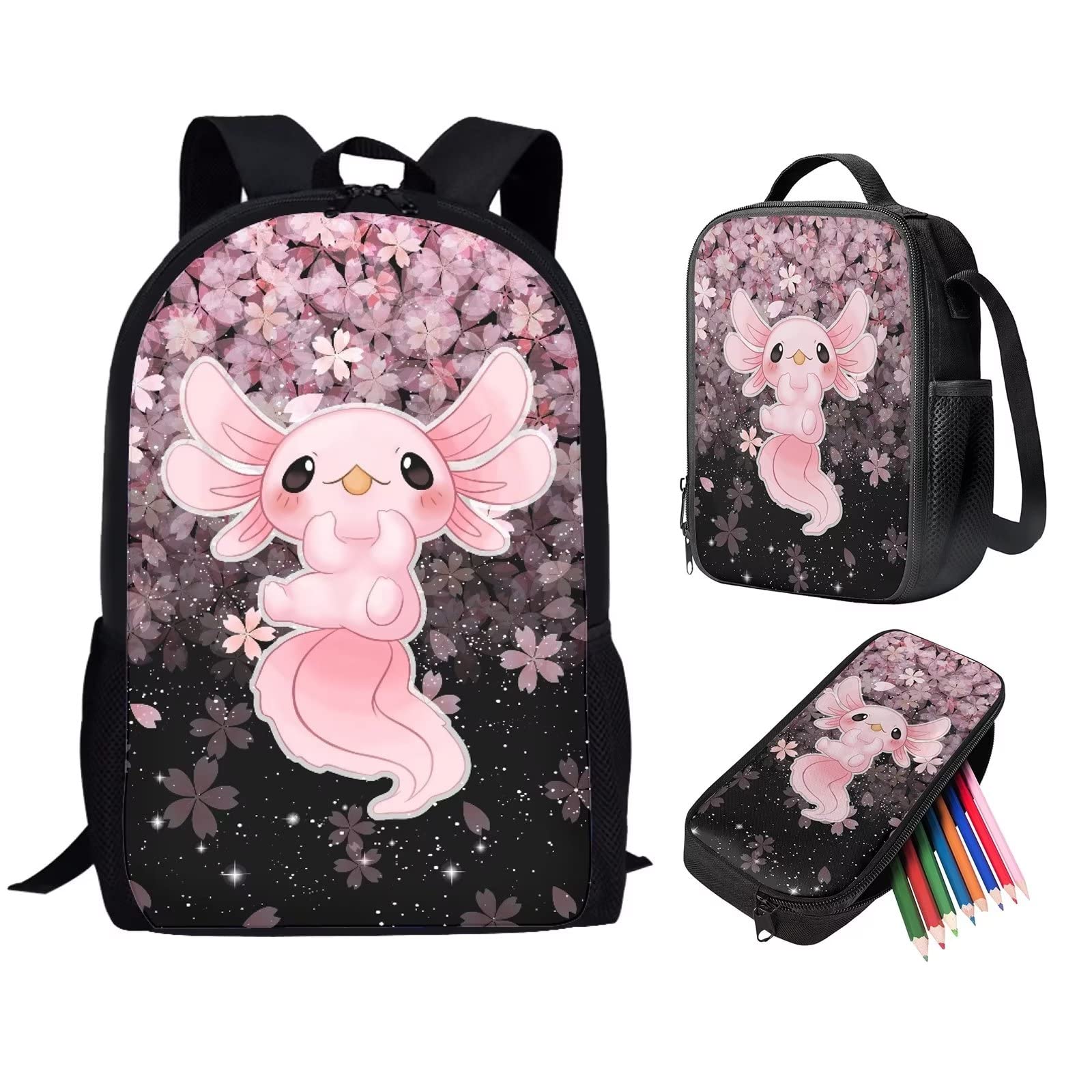 WELLFLYHOM Girls Axolotl Backpack Elementary School Bag with Lunch Bag Pencil Case 3 In 1 Set Cherry Blossoms Middle High School Bookbag Students Child Schoolbag for Daycare Travel Daypack Satchel