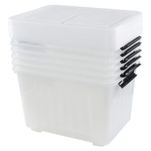 jekiyo 50 liter clear storage bin on wheels, large plastic latching box, 6 pack