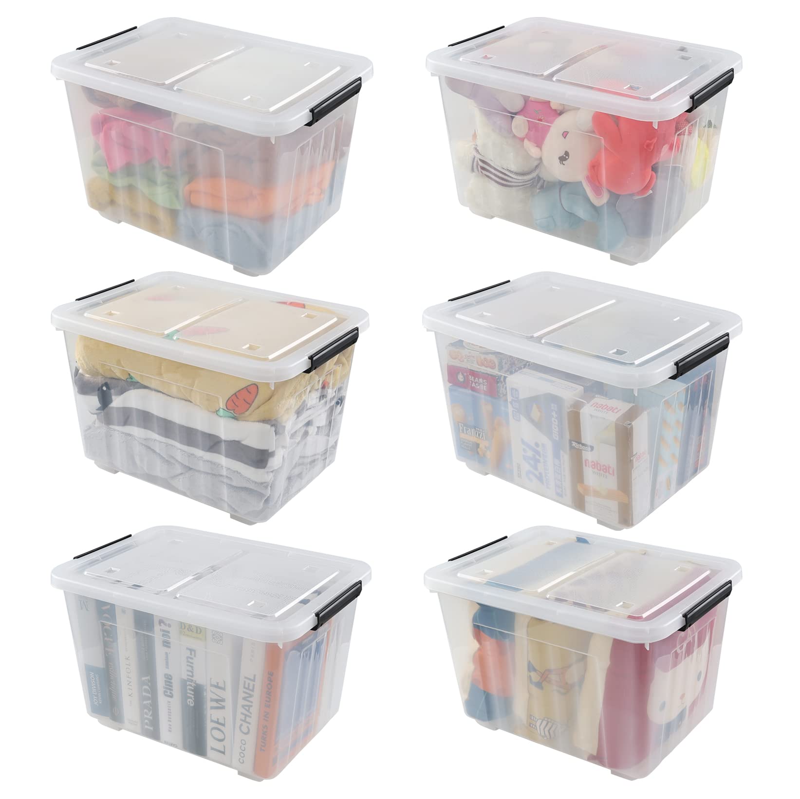 Jekiyo 50 Liter Clear Storage Bin on Wheels, Large Plastic Latching Box, 6 Pack