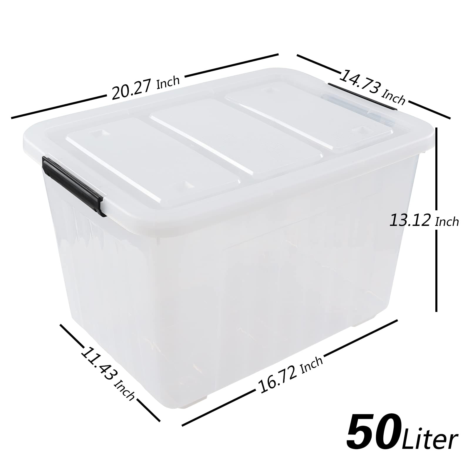 Jekiyo 50 Liter Clear Storage Bin on Wheels, Large Plastic Latching Box, 6 Pack