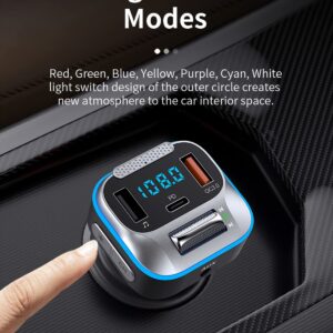 Bluetooth Car Adapter, Hi-Fi Bass Sound, Bluetooth Transmitter, FM Radio, Handsfree Calls, Fast Charging, 7 LED Colors, AUX Output, U Disk Support, Bluetooth Adapter for Car