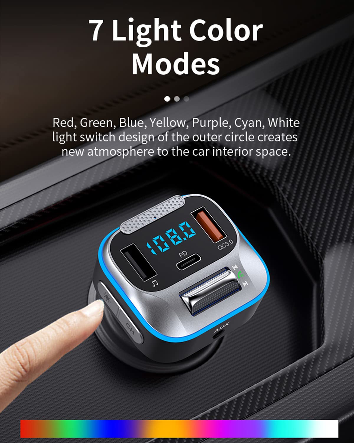 Bluetooth Car Adapter, Hi-Fi Bass Sound, Bluetooth Transmitter, FM Radio, Handsfree Calls, Fast Charging, 7 LED Colors, AUX Output, U Disk Support, Bluetooth Adapter for Car