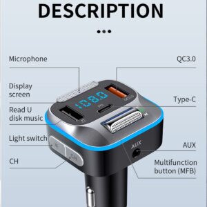 Bluetooth Car Adapter, Hi-Fi Bass Sound, Bluetooth Transmitter, FM Radio, Handsfree Calls, Fast Charging, 7 LED Colors, AUX Output, U Disk Support, Bluetooth Adapter for Car