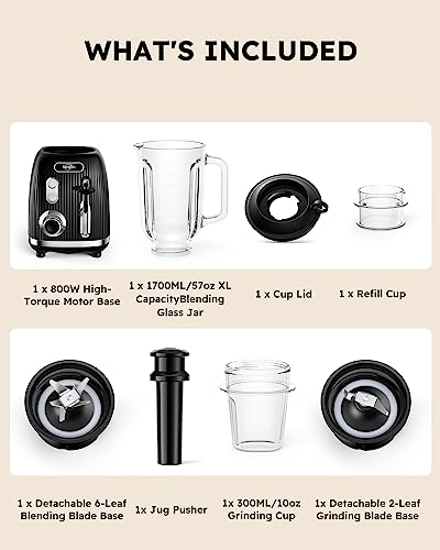 Sangcon 800W Blender for Shakes and Smoothies with 57 Oz Glass Jar & 10 Oz Grinding Cup, Smoothie Blenders and Food Processor Combo for Kitchen with 2 Speeds + Pulse, 6 Fins Blade & Grinding Blade