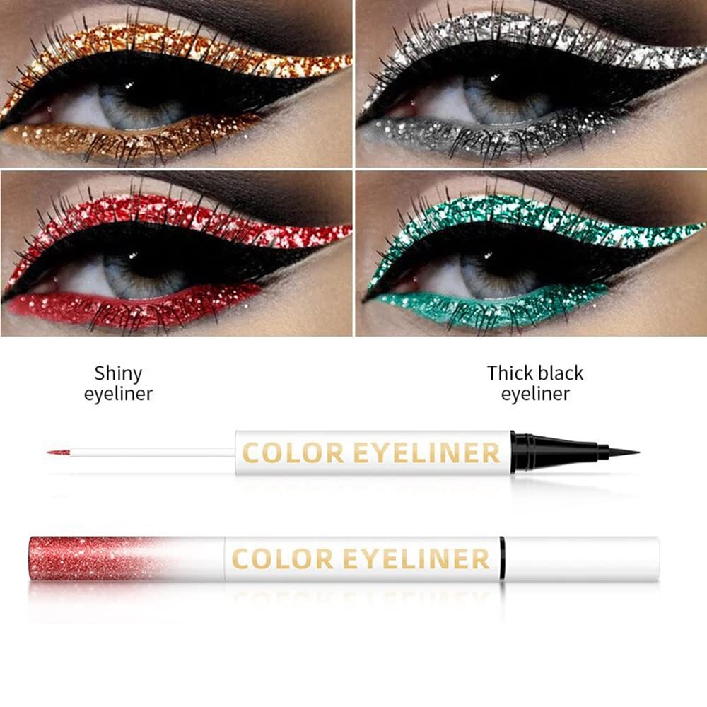 UOCK Double Ended Eyeliner Set - Black & Metallic Liquid Eyeliner Glitter Eyeliner Liquid Sparkling Eyeshadow Waterproof Glowing Eye Makeup Set (03#Silver)