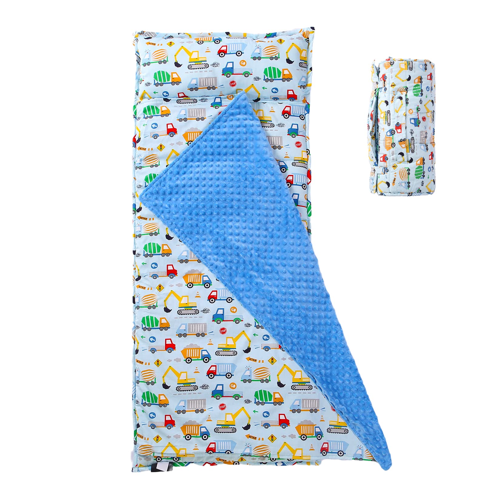 NapCure Toddler Nap Mat with Removable Pillow and Minky Blanket,Soft Rolled Napping Mats for Boys and Girls,Lightweight Daycare,Preschool,Travel Toddler Sleeping Slumber Bag-50”×20”(Truck and Digger)