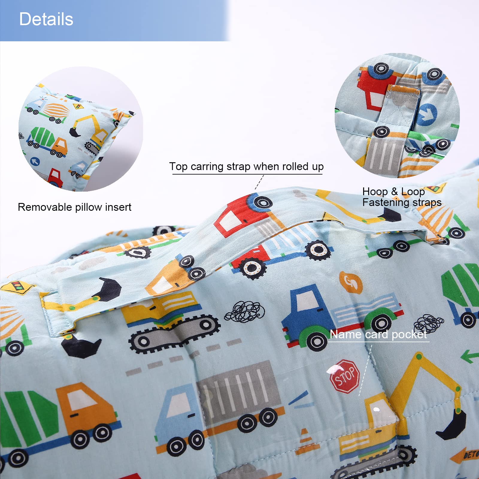 NapCure Toddler Nap Mat with Removable Pillow and Minky Blanket,Soft Rolled Napping Mats for Boys and Girls,Lightweight Daycare,Preschool,Travel Toddler Sleeping Slumber Bag-50”×20”(Truck and Digger)