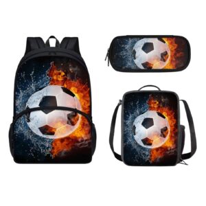 annejudy water fire football kids backpack with lunch box, soccer print boys school backpacks book bag with pencil case 3pcs lightweight daypack bookbag back to school supplies