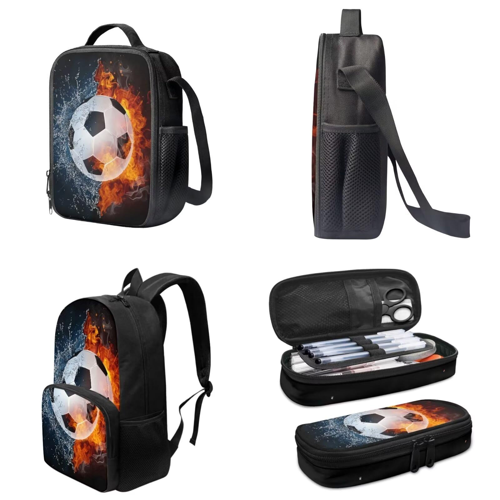 Annejudy Water Fire Football Kids Backpack with Lunch Box, Soccer Print Boys School Backpacks Book Bag with Pencil Case 3pcs Lightweight Daypack Bookbag Back to School Supplies