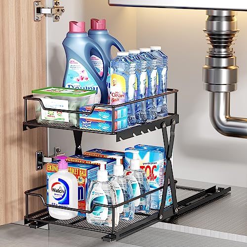 Metal Under Sink Organizer, 2 Tier Pull Out Cabinet Organizer with 5 Height Adjustable, Hold up to 80lbs, Multi-Purpose Organization and Storage For Kitchen Bathroom Pantry-Heavy Duty