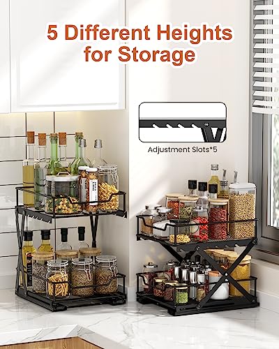 Metal Under Sink Organizer, 2 Tier Pull Out Cabinet Organizer with 5 Height Adjustable, Hold up to 80lbs, Multi-Purpose Organization and Storage For Kitchen Bathroom Pantry-Heavy Duty