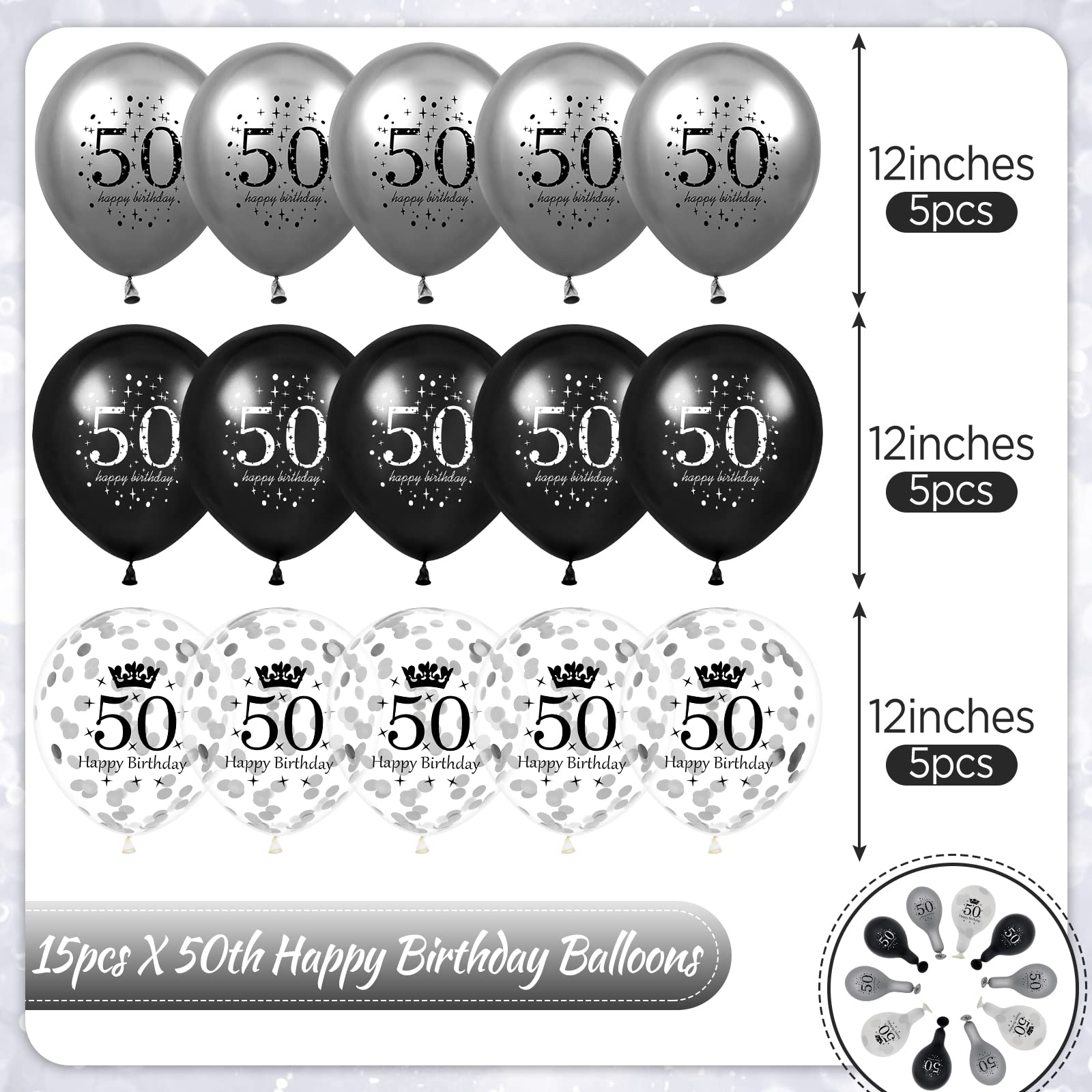 50th Birthday Balloons Decorations 15pcs Black Silver Happy 50th Birthday Party Latex Confetti Balloons for Men Women 50th Anniversary Happy Birthday Party Decor Supplies 12 inches