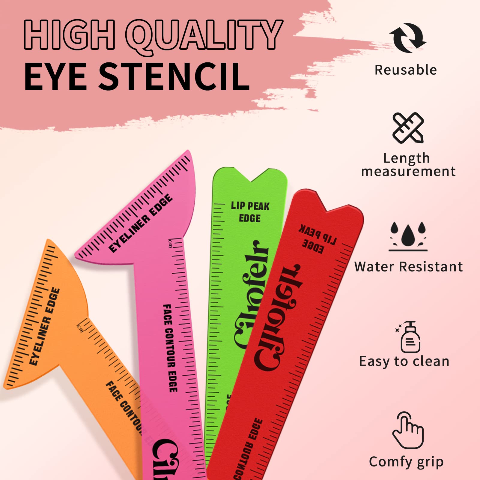 Cilrofelr 4 in 1 Eyeliner Stencils for Hooded Eyes, Reusable Eyeliner Stencils Tool, Multi-purpose Makeup Tool for Winged Eyeliner, Defined Eyebrows, Face Contour and Lip Line - Pink