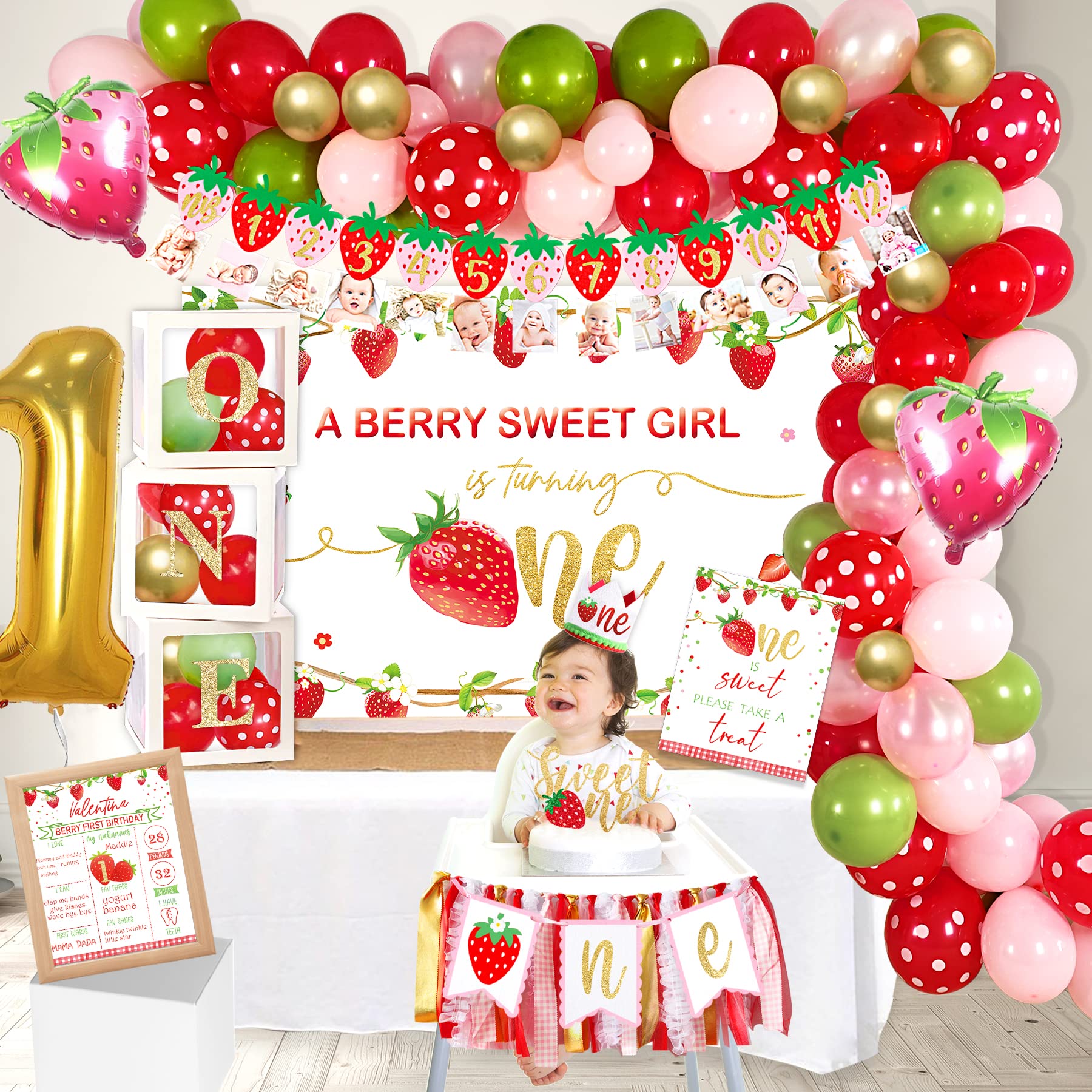 YSHMFEUX Strawberry 1st Birthday Decorations Party Supplies, Strawberry Sweet One Birthday Decor, Berry First Birthday Party Supplies, 1st Birthday g Girl Decoration