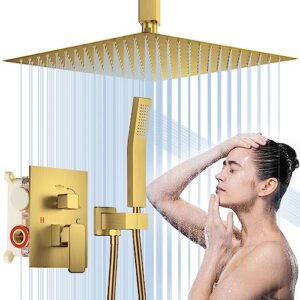 shower system, hotqing 12 inches high pressure shower head with rain handheld combo set, ceiling mounted dual shower head system, bathroom shower faucet set rough-in valve body and trim brushed gold