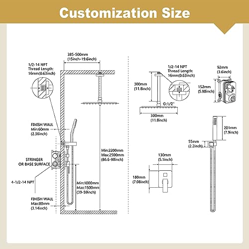 Shower System, HotQing 12 Inches High Pressure Shower Head with Rain Handheld Combo Set, Ceiling Mounted Dual Shower Head System, Bathroom Shower Faucet Set Rough-in Valve Body and Trim Brushed Gold