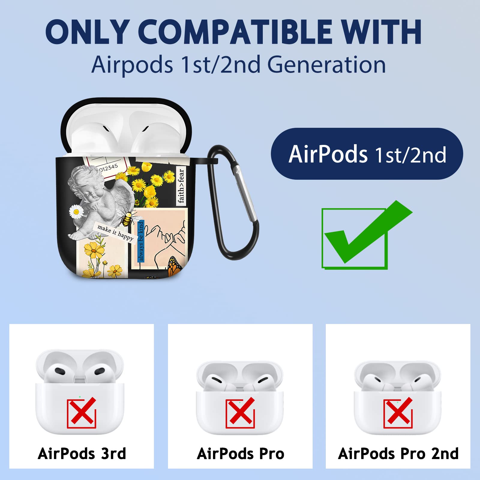 Kokaaee for Airpod Case 2nd & 1st Generation Cover Kawaii Black Funda Cute Fun Cool Funny Silicone Estuche with Keychain Women Boys Protector Men Teen Kids Unique for Apple Air Pod 1/2 Gen Cases