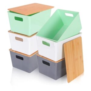 yh-monicaque colored storage bins with bamboo lids - 【6-pack】 colorful cubby storage organizer bins, stackable plastic box for toys, book, home & nursery & classroom (11.5"x8.3"x6.1")