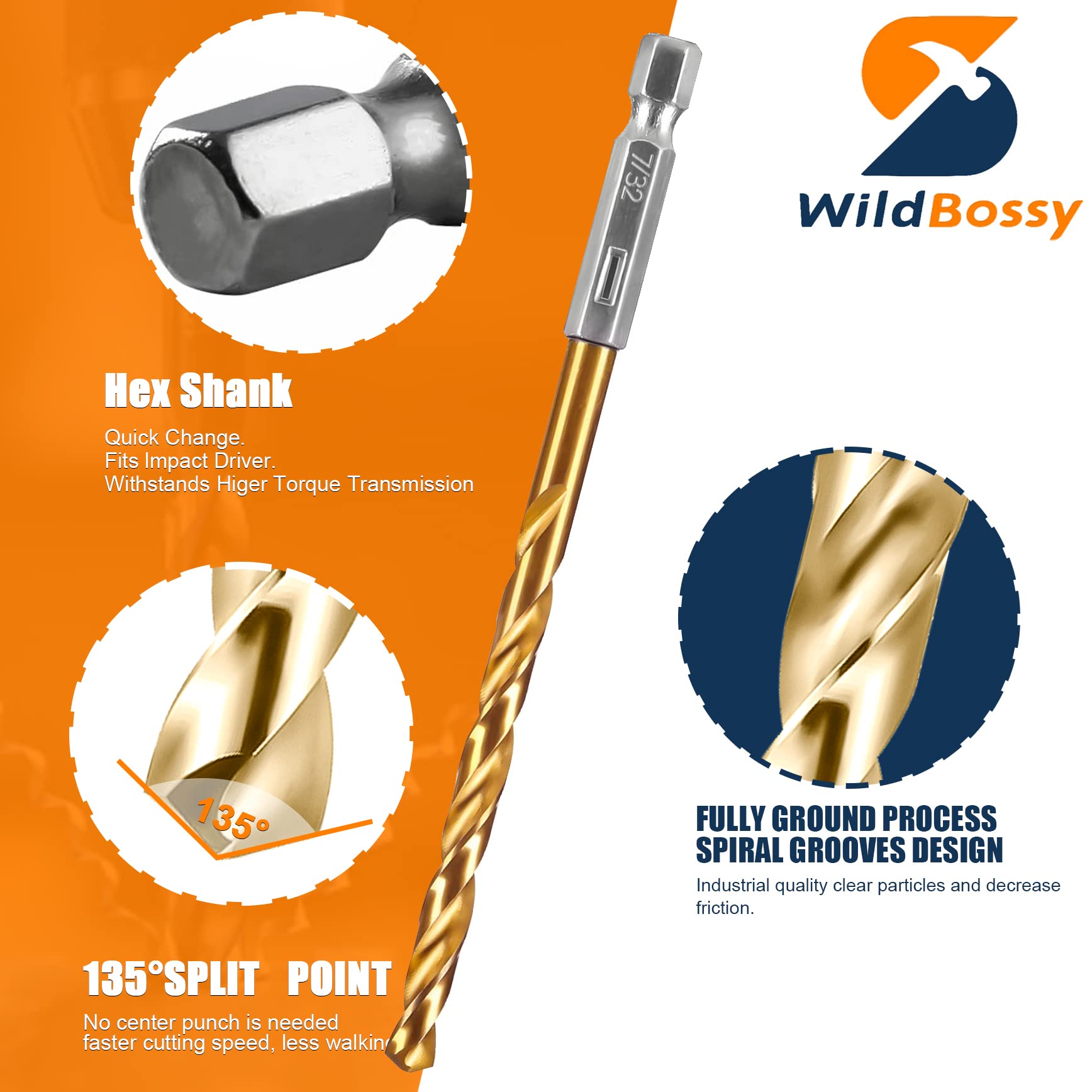 M35 Step Drill Bit Set 1/8"-7/8"(3 pcs), 1/4" Hex Shank HSS Four Spiral Flute Design, Impact Resistant - Perfect for DIYers and Professionals - Drill Through Metal, Stainless Steel, Wood